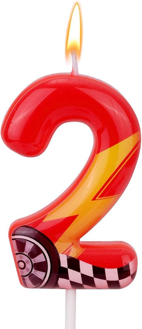 3 x Racing Car Theme Birthday Candles, Number Candles for Birthday Party Cake Decoration Supplies (Red, Number 2)