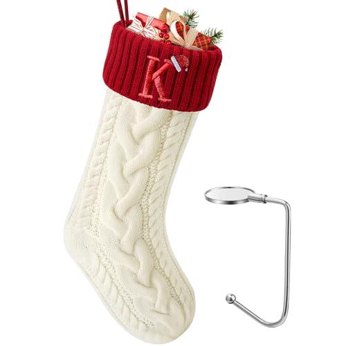 Large Christmas Stocking with Initials, Embroidered Knit Christmas Stocking with Hook, Custom Christmas Stockings, Xmas Stockings for Family Fireplace Holiday Party Gift (White)