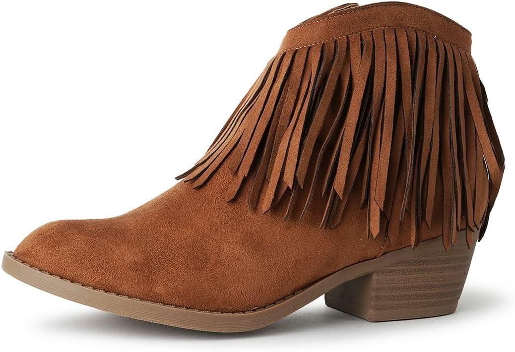 J. Adams Marrow Ankle Boot - Western Fringe Cowboy Low Heel Bootie (6, Brown Vegan Suede)