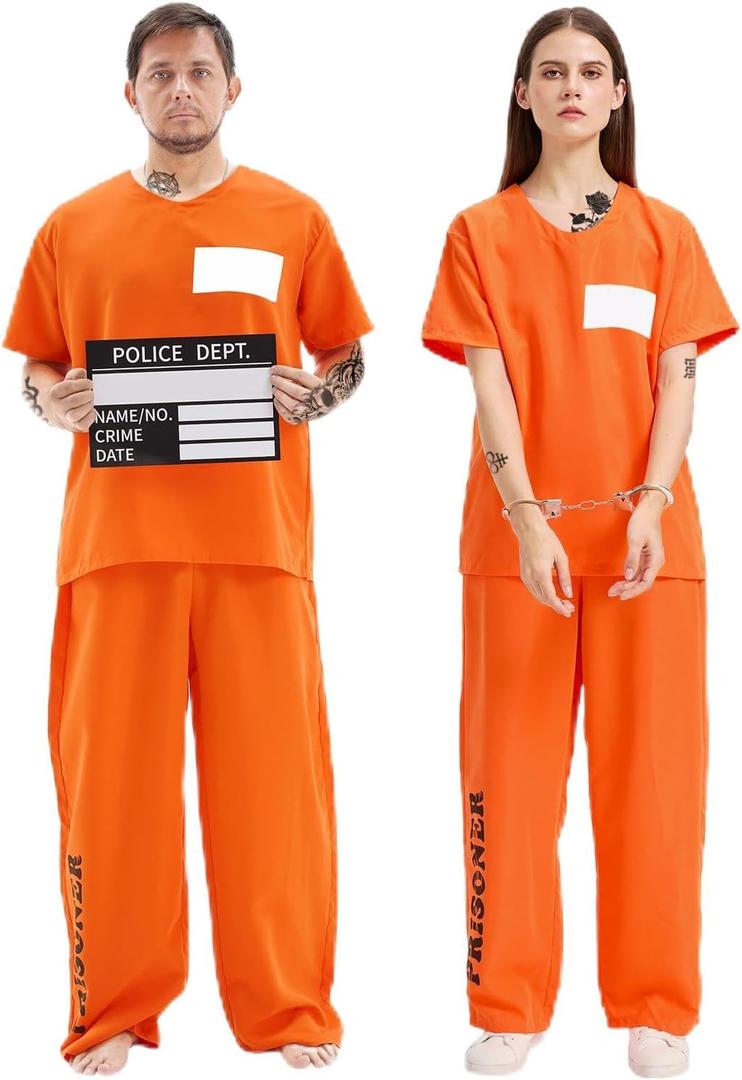 Prisoner Costume Men Women, Orange Jumpsuit with Handcuffs, Mug Shot Sign & Number Stickers, Inmate Costume for Halloween (Large)