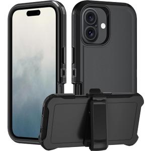 Heavy Duty Rugged Case for iPhone 16 (2024), 3-Layer Super Full Protection with Kickstand, Belt Clip Holster (Black with Clip)