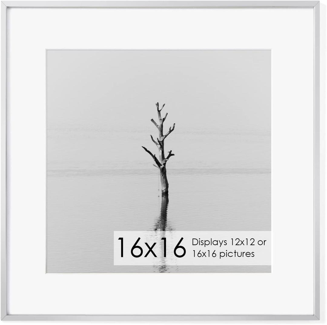 16x16 Metal Picture Frame with 12x12 Mat, Brushed Aluminum Finish, Tempered Glass Front, and Attached Hanging Hardware - Versatile Wall Display Frames for Vertical or Horizontal Orientation - Sliver (Silver)