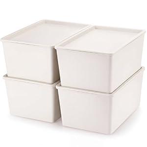 Menkxi 4 Pcs Storage Bins with Lids Plastic Stackable Containers for Organizing Shelves Christmas Ornament Box Baskets(Beige,Large)
