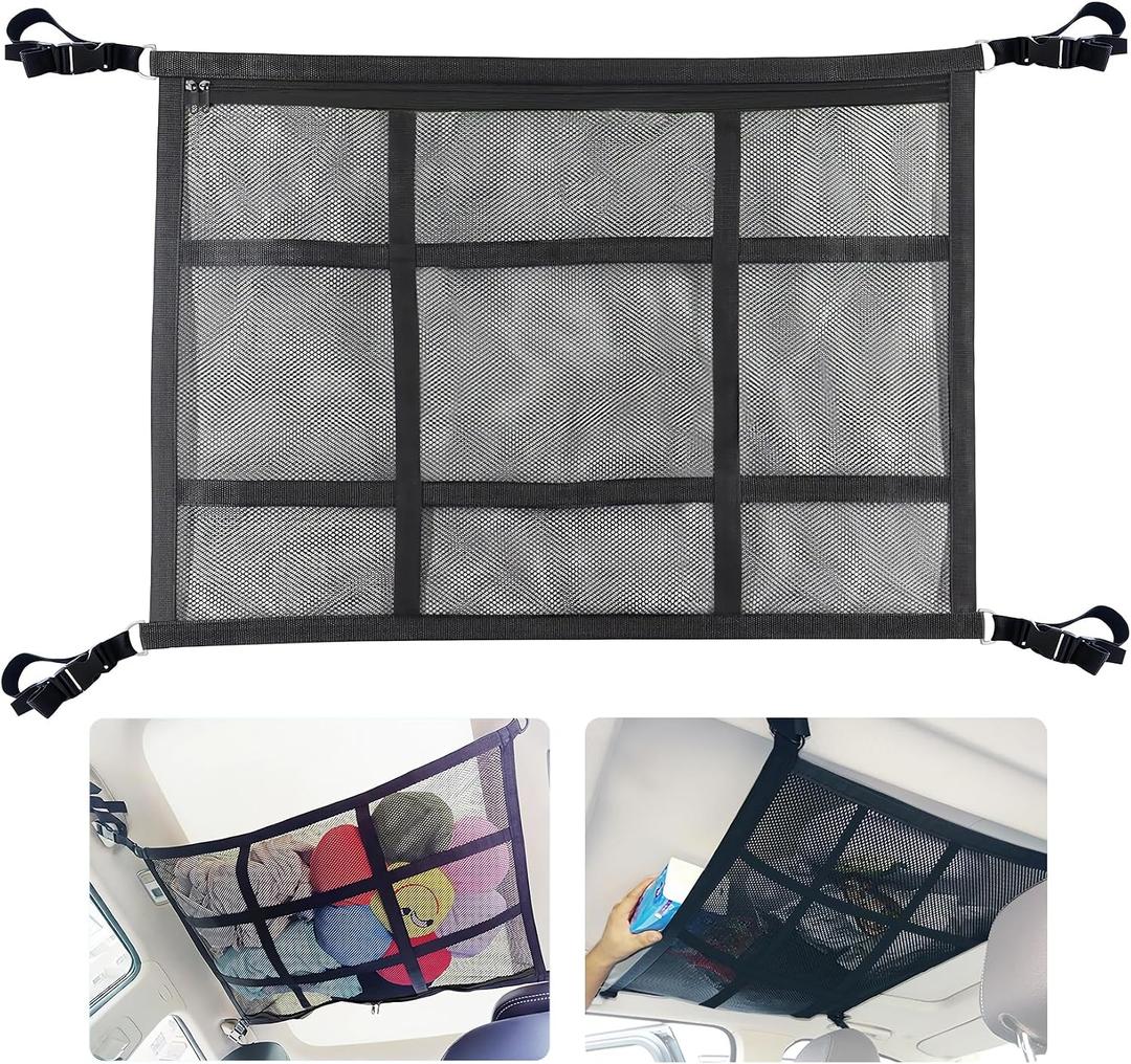 Car Ceiling Cargo Net for SUV,35.4"X25.6"Car Ceiling Storage,Load Capacity Automotive Cargo nets Interior Accessories for Van,Double-Layer Mesh Automotive Roof Camping Essentials
