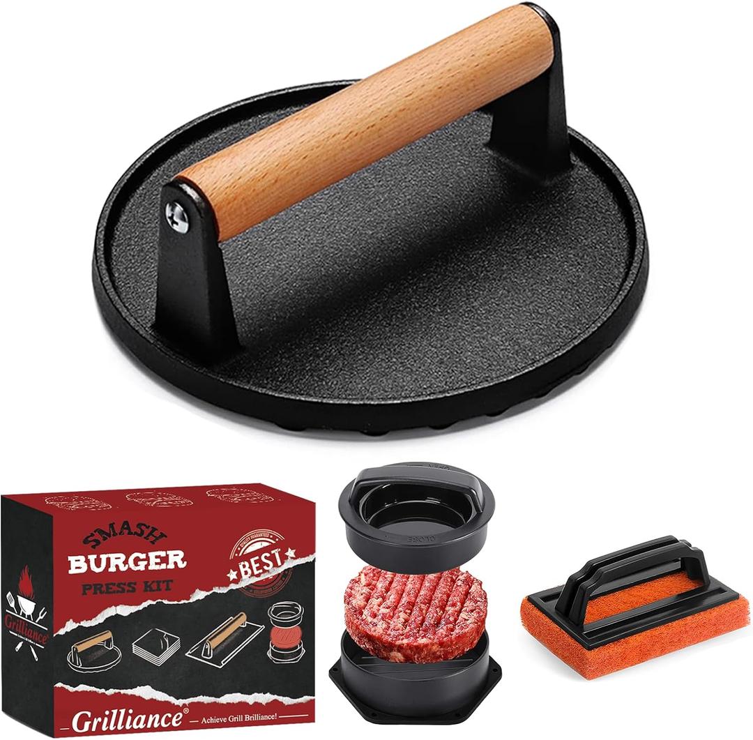 Grilliance Smash Burger Press Kit, 3 in 1 Hamburger Press Patty Maker, Dark Black Cast Iron Burger Press, Cleaning Pad Set for Grill, Griddle, Flat top, Kitchen, Cooking