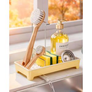 Minimalist Sink Caddy, Rustproof Sponge Holder for Kitchen Sink with 304 Stainless-Steel Brush Holder, Countertop Rack Organizer with Raised Ridges & Silicone Drain Tube (Pastel Yellow, Large)