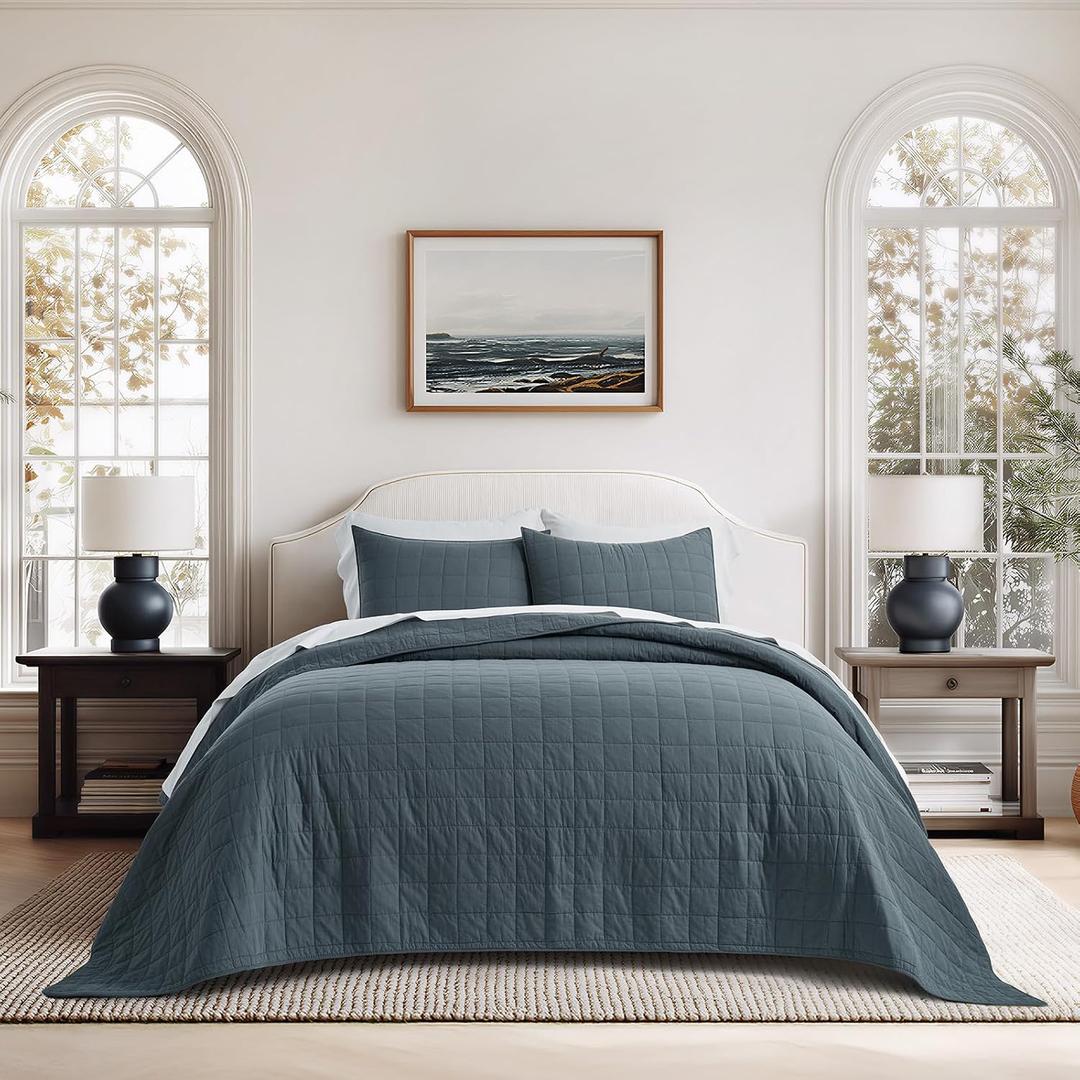 EVERGRACEHOME 100% Cotton Box Stitch Quilt Set, Oversized King, Midnight Blue, Oversized Cal King (118" x 106")