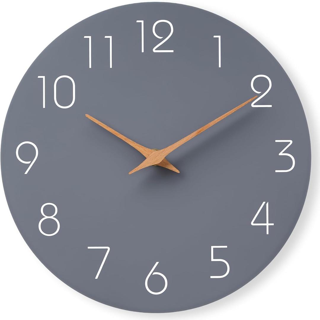 Mosewa Wall Clock Silent Non Ticking Decorative for Kitchen Bedroom Bathroom Office Living Room Battery Operated 10 Inch Gray Wood Modern Simple