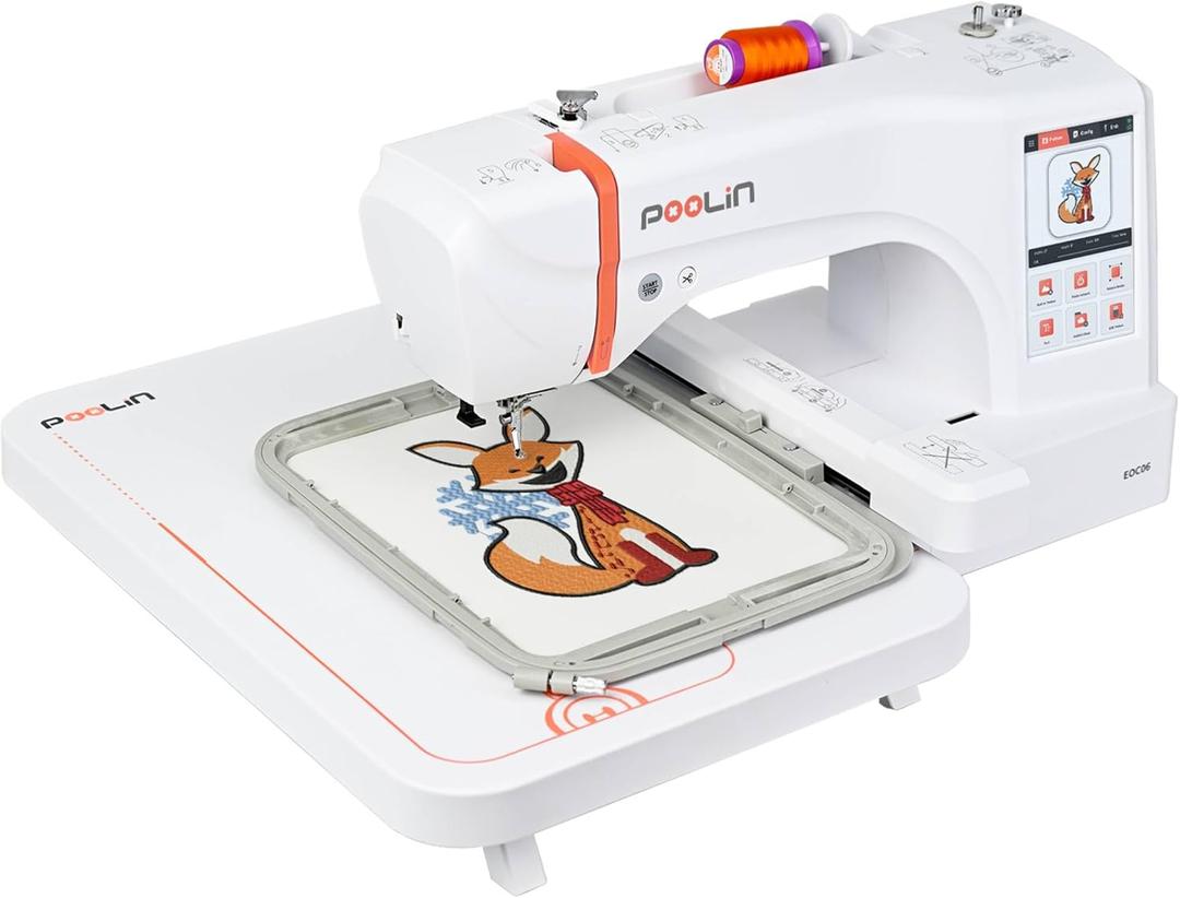 PooLin EOC06 Embroidery Machine,7" Touchscreen,7.9"x11" Hoop Area,Computerized Home Embroidery Machine for Beginners Gifts,200 Built-in Designs,USB & Wireless,Software,4 Hoops,Thread,Bobbin,Stabilizer