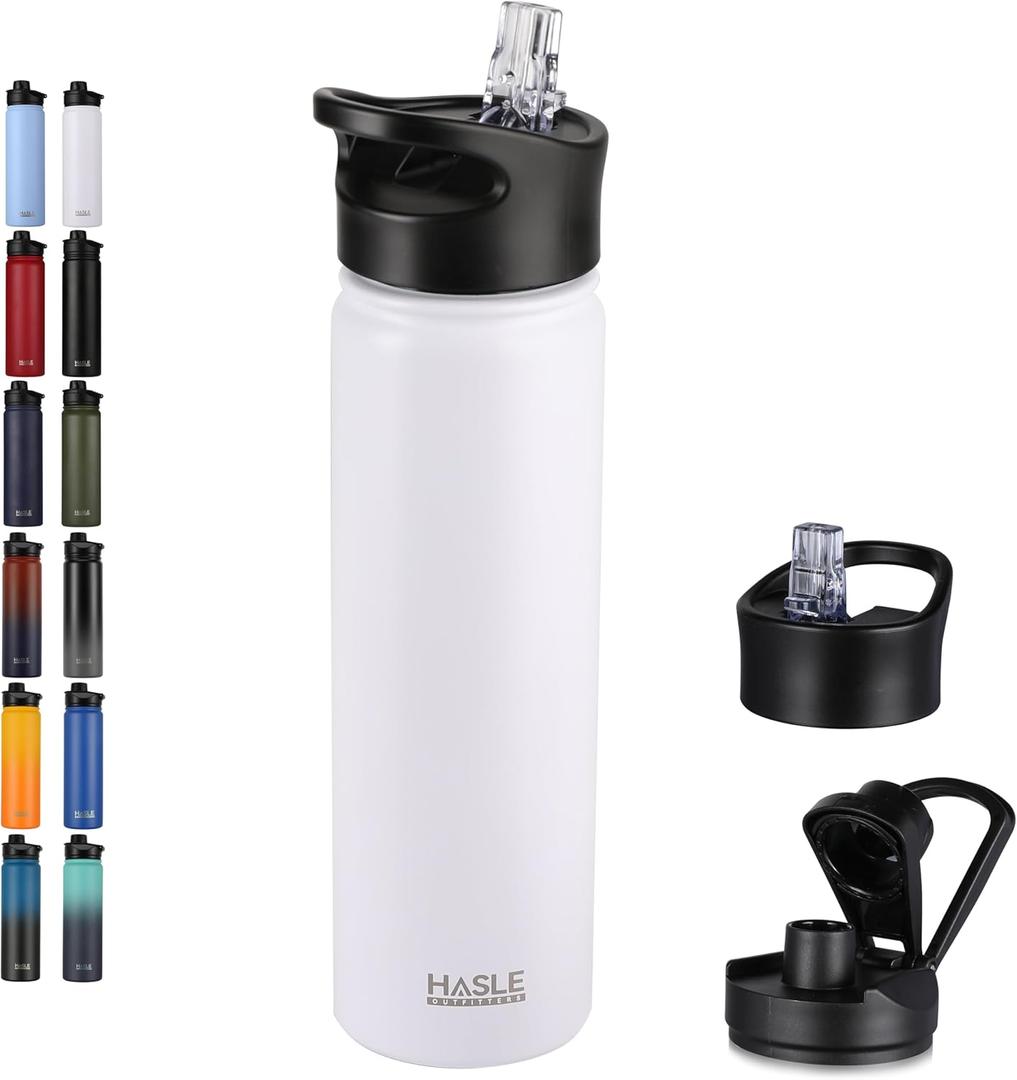 HASLE OUTFITTERS Insulated Water Bottle 22 oz Double Wall Stainless Steel Water Bottle Wide Mouth with Straw Lid & Spout Lid Keeps Cold or Hot(White,1) (22 Ounces)