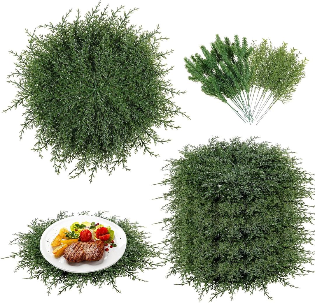 Christmas Pine Placemats Set of 6 16 Inch with Artificial Pine Needles Branches 2 Types 24 Pack Green Plants Fake Cedar Greenery Round Placemats for Table Dining Christmas Decorations