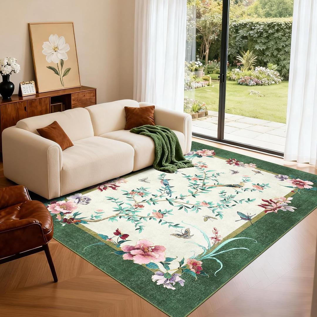 GarveeHome 6x9 Area Rugs Chinoiserie-Style Washable Rug 6x9 Oriental Colorful Butterfly Birds Floral Rug Non Slip Low Pile for Kids Living Room Bedroom Nursery Dining,Green