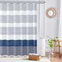 Dynamene Navy Blue Fabric Shower Curtain, Farmhouse Boho Striped Tassel Shower Curtains for Bathroom, Bohemian Linen Textured Cloth Shower Curtain Set with Hook, Water Repellent, Wrinkle Free, 72x72