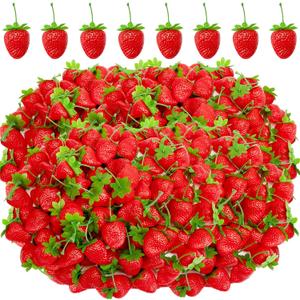 Lyrow 100 Pcs Artificial Strawberries Faux Realistic Strawberry Decor Plastic Simulation Fake Strawberries Lifelike Fruit for Photography Prop Cabinet Party (2.76 Inch)