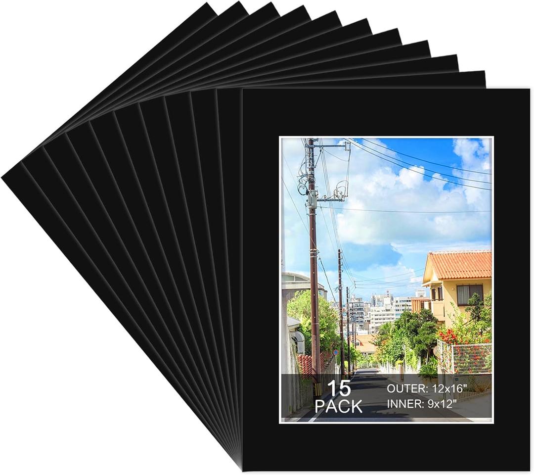 15 Pack 12x16 Black Picture Mats, Frame Mattes for 9x12 Pictures Display Photo Frame Mat Core Bevel Cut Mat Board Show Kit for Photos, Prints, Artworks