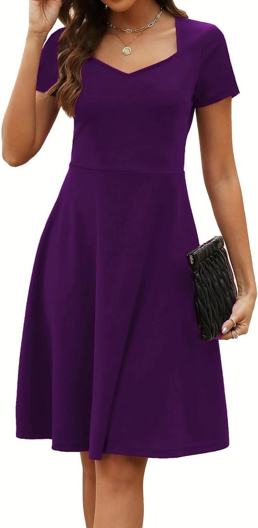 Women's Elegant Vintage Summer Sweetheart Neck Short Sleeve Casual Work Party Business A-Line Dress 163 (Medium, Purple)