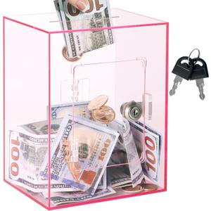 Clear Acrylic Piggy Bank with Lock and Key for Kids Adults, Openable Money Saving Box for Cash Coins Real Money (Pink)