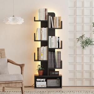 Qupui 6 Tier Book Shelf with LED Lights, Floor Standing Bookshelf, Classical Corner Kids Bookshelf, Tall Wood Book Storage for Bedroom, Living Room, Home Office