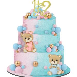 Gerrii 19 Pcs Gender Reveal Cake Topper Set, Includes He or She Cake Topper Assorted Sizes Ball Picks Cookie Insert Topper Blue Pink Cupcake Topper for Boys and Girls Gender Reveal Baby Shower(Bear)