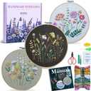 ETSPIL Pack of 3 Beginner Embroidery Kits for Adults, DIY Starter Set with Stamped Flower Designs, Embroidery Hoop, Colorful Threads, Tools, Step-by-Step Instructions & Video Tutorial