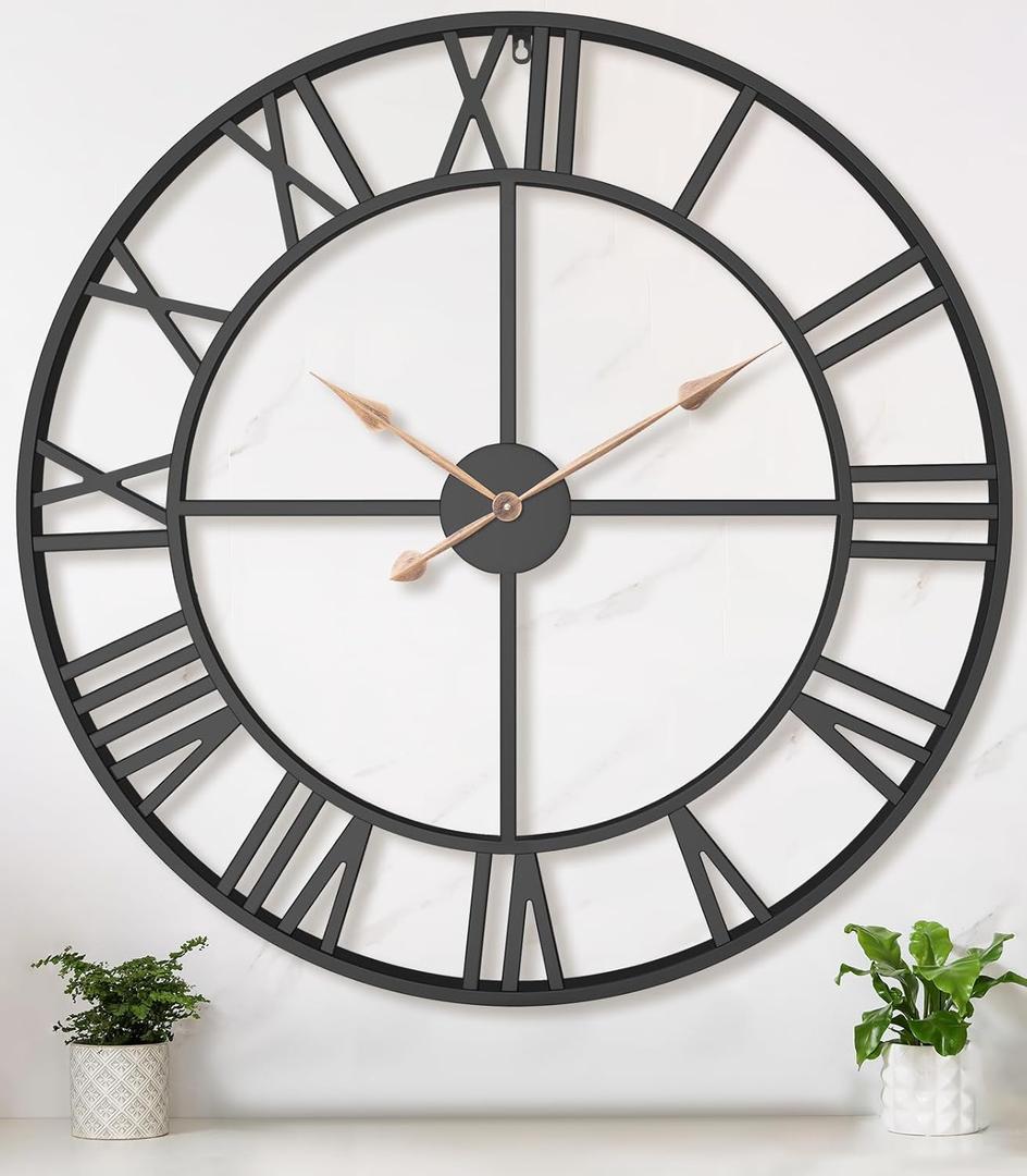 36 Inch Extra Oversized Large Giant Modern Decorative Wall Clock,Vintage Industrial Farmhouse Black Metal Big Roman Numeral Large Clocks for Living Room Decor,Entrance Fireplace,Dinng Room (Black Roman)