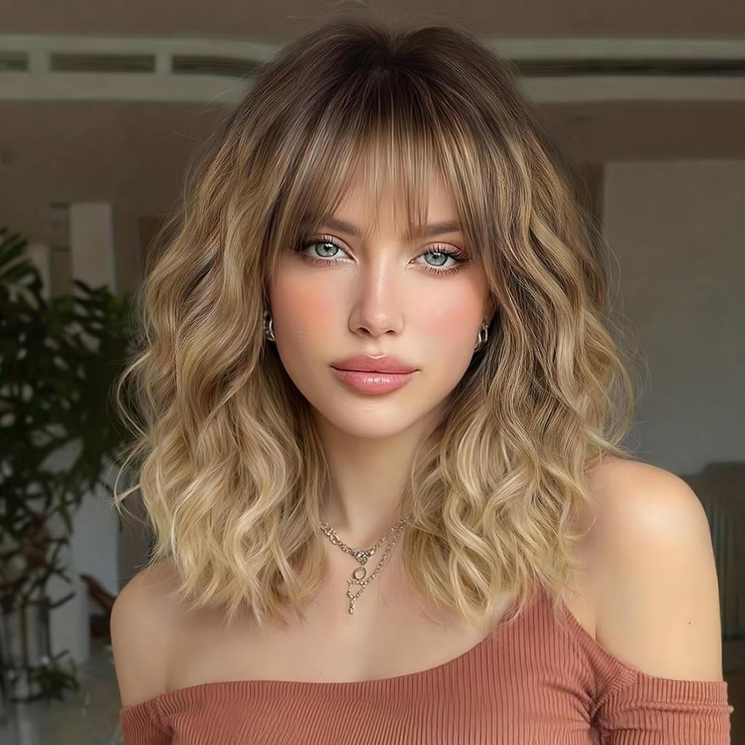 Lativ Blonde Wig With Bangs Short Wavy Curly Ombre Wig with Dark Roots Synthetic Heat Resistant Bob Wigs for Women Daily Party Use 14 Inches