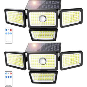 3000LM Solar Lights Outdoor, 4 Adjustable Heads Solar Motion Sensor Lights with 283 LED, IP65 Waterproof Security Wall Lights, Remote Control Flood Lights for Graden, Outside, Backyard 2 Pack