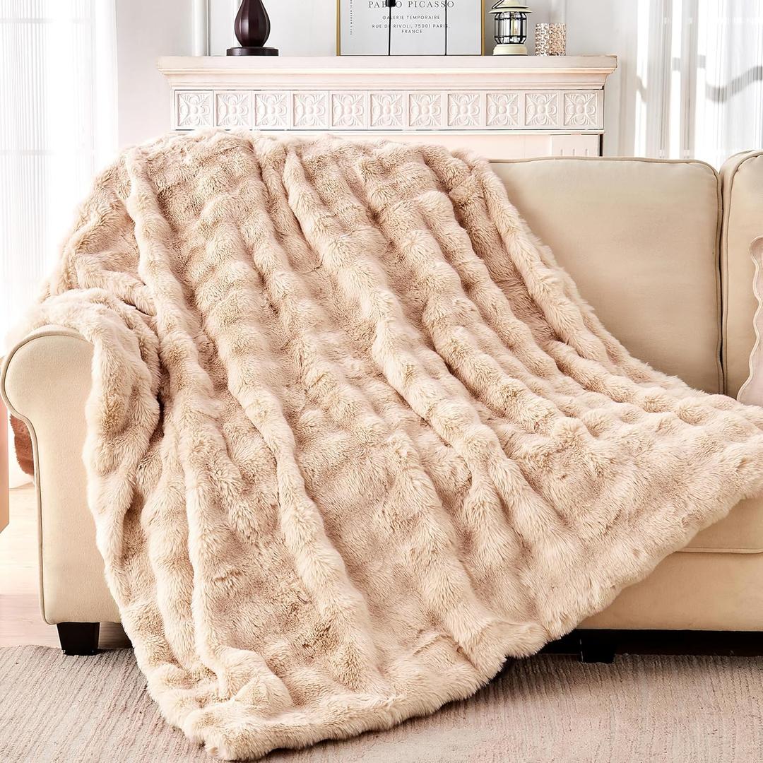 Luxury Faux Rabbit Fur Throw Blanket, Soft Bubble Fluffy Blanket Cozy Fuzzy Throw Blankets for Bed Sofa Couch, Decorative Thick Warm Plush Fuzzy Elegant Soft Mink Blanket (50" x 60", Brown)