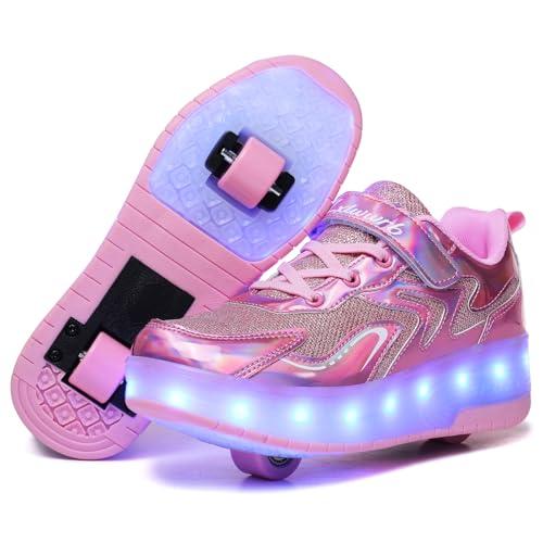 Wooowyet LED Roller Skate Shoes for Kids Boys Girls Light Up Fashion Sneakers Wheels Wheeled USB Rechargeable Hook&Loop Shiny Pink Little Kids, Size 33