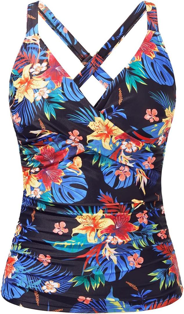 Women Underwire Tankini Top Only - Twist Front V Neck Bathing Suit Swim Top Tummy Control Cross Swimsuit 2025 (X-Large, Black Flower)