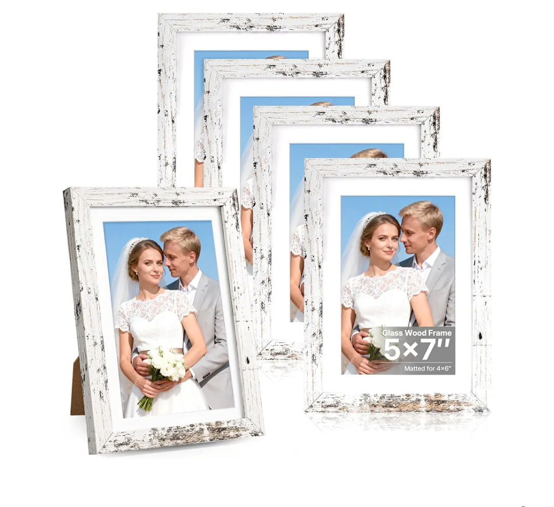 Distressed White 5x7 Picture Frame, Picture Frames 5x7 Wooden Picture Frames with Real Glass, Rustic 5 x 7 Photo Frame for Wall or Tabletop, Display Picture 4x6 with Mat or 5x 7 Without Mat (5 Pack)