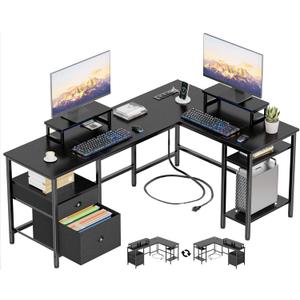 Furologee 59 L Shaped Desk with Power Outlet, Reversible Computer Desk with File Drawer & 2 Monitor Stands, Corner Home Office Table with Storage Shelves for Gaming Writing, Black