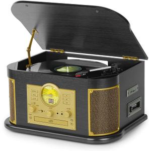 All-in-One Vinyl Record Player with Bluetooth, CD, Cassette Tape, AM/FM Radio, USB/SD Recorder, 3 Speed Vintage Turntable with Built-in Speakers, Aux-in, RCA Line-Out