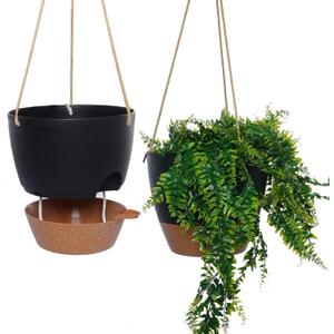 10 Inch Self Watering Hanging Pots, 2 Pack Hanging Planters with 40oZ Deep Reservior for Indoor Outdoor Plants Flowers, Black with Brown