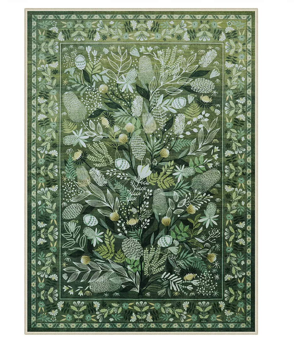 Alma Washable Modern Botanical Floral Green Rug 6x9