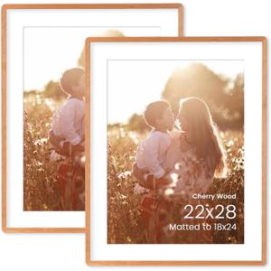 22x28 Poster Frame, Natural Solid Cherry Wood 22 x 28 Frame, Large Picture Frame HD Tempered Glass, Matted to 18x24, for Wall, 2 Pack