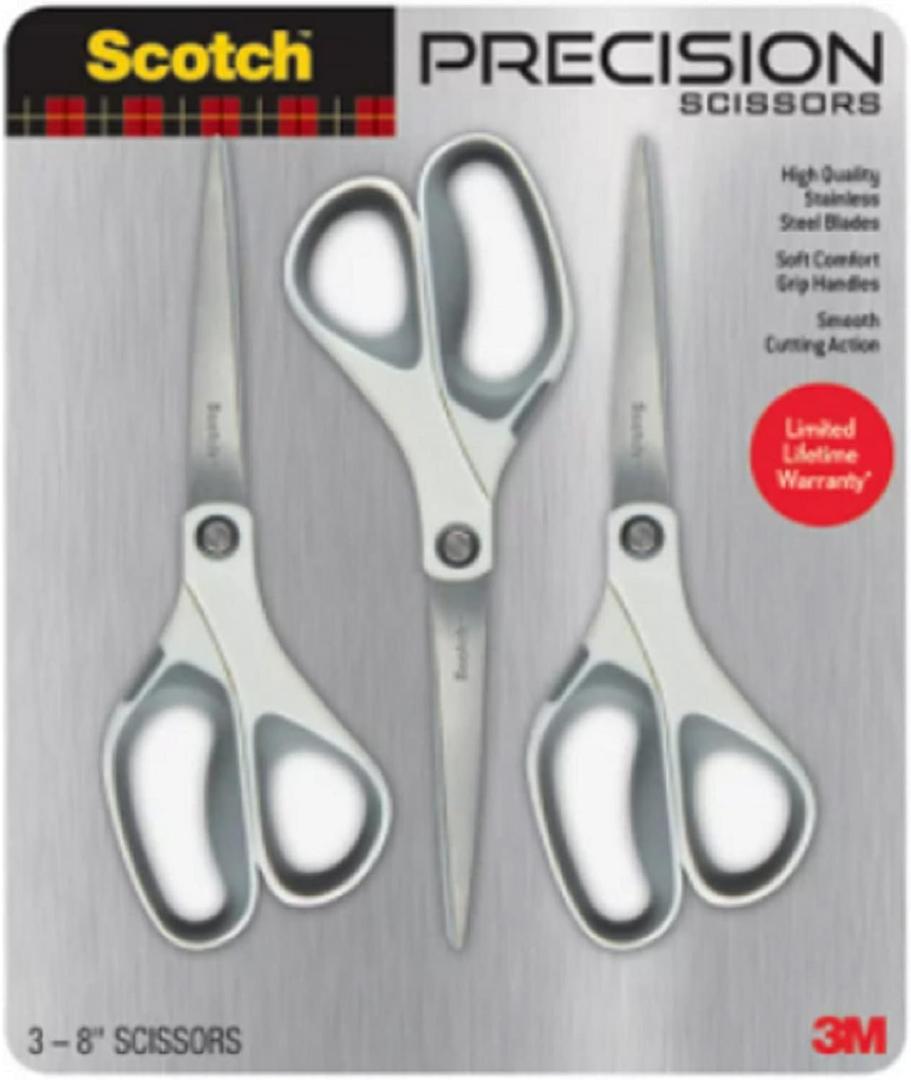 Scotch Precision Scissors, 8-Inch Stainless Steel Blades, Comfort Grip Handles, 3-Pack