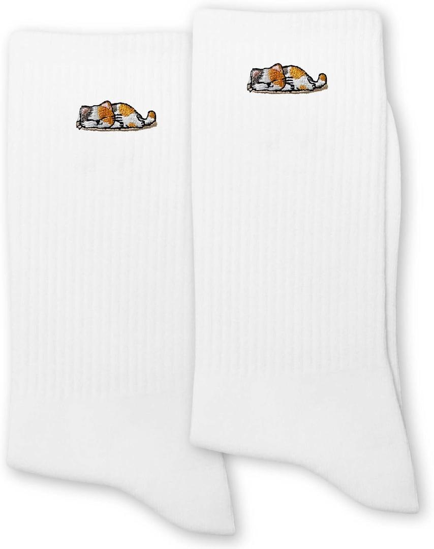 Funny Cat Socks for Women or Men - Cute Cartoon Cats Embroidery White Crew Socks. (White)