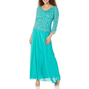 J Kara Women's Petite Three Quarter Sleeve Beaded Dress (4, Aqua Multi)