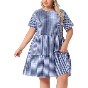 Agnes Orinda Plus Size Gingham Dresses 1950s Vintage Plaid Round Neck Short Sleeve Tiered Midi Summer Dress, 3X