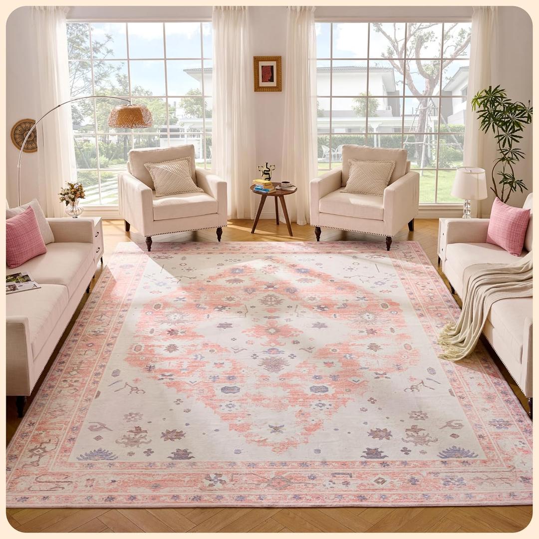 Istana Living Room Rug 10x14 - Pink 10 x 14 Area Rug - Foldable Machine Washable Area Rugs 10x14 - Stylish 10x14 Area Rugs Boho - Stain Resistant Washable Rug 10x14
