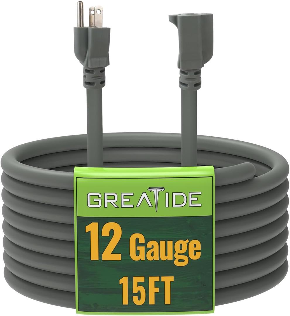 15 Ft Outdoor Extension Cord - 12/3 SJTW Heavy Duty Grey Extension Cable with 3 Prong Grounded Plug - Power Cord for Lawn, Garden, Appliances