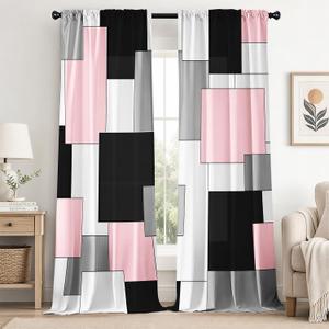 Pink and Black Curtains 84 Length for Living Room Modern Pink Black Geometry Curtains Grey Abstract Rod Pocket Curtain for Bedroom Kitchen Girls Room Window Drapes 2 Panels