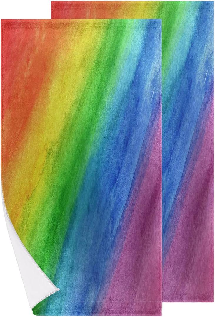 Bardic Rainbow Stripe Hand Towels Set of 2, Watercolor Rainbow Face Towel Highly Absorbent Ultra Soft Fingertip Bath Towel for Bathroom Home Sports Gym Decor