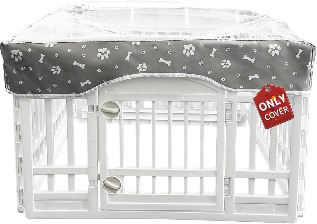 PJYuCien Dog Playpen Mesh Top Cover, Fits 36 Inch 4 Panels Regular Square Plastic Exercise Pet Pen, Adhesive Tape Connections, Grey paw (Note: Cover Only, Fence Not Included)