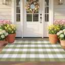 Spring Green and White Plaid Rug, 3' x 5' Cotton Blend Layered Doormat Rug for Front Door, Hand-Woven Washable Entryway & Porch Decor