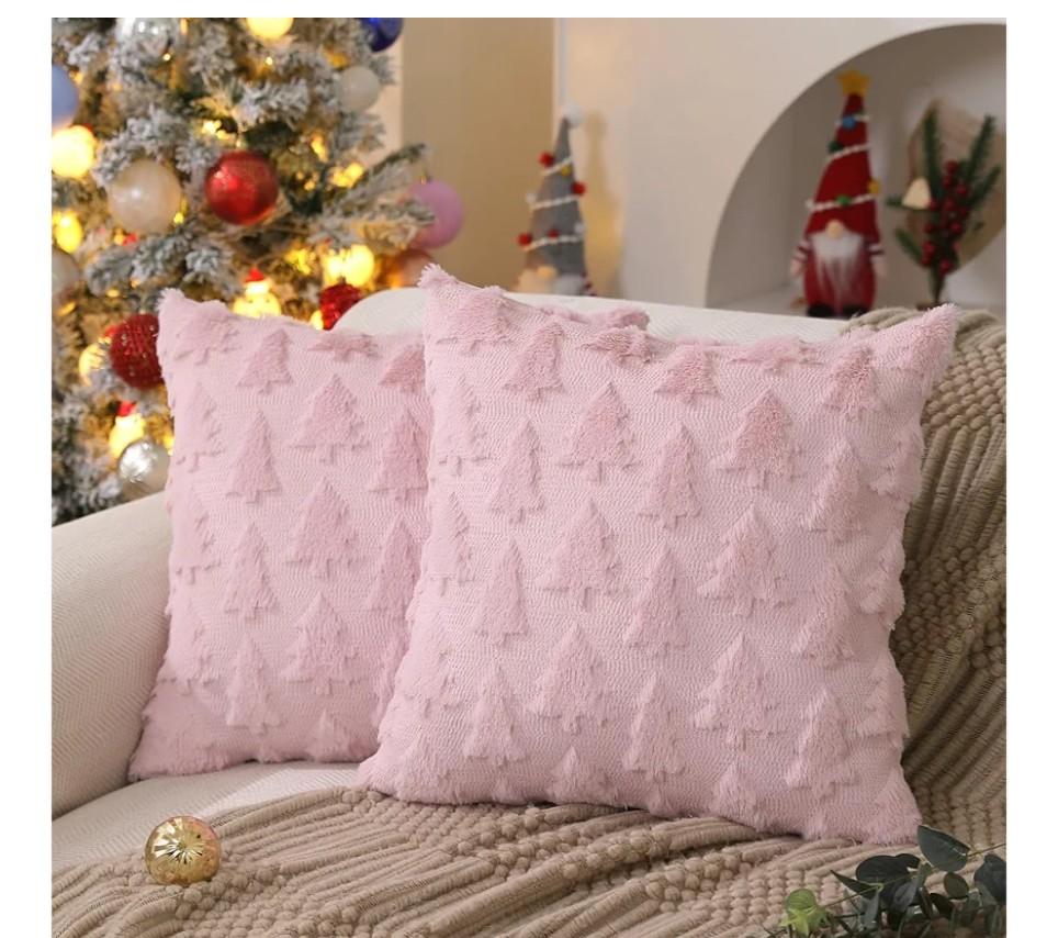 DFXSZ Christmas Tree Pillow Covers 18x18 inch Set of 2 Christmas Decoration Pink Soft Plush Faux Fur Jacquard Throw Pillows for Bedroom Sofa Holiday Festivals Winter Home Decor PTK006D18