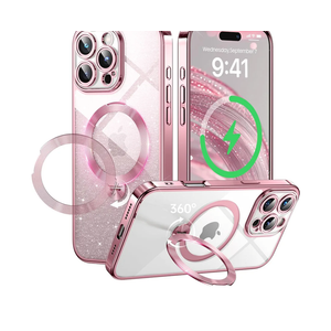 360° Spin CD Stand for iPhone 16 Pro Max Case Compatible with Magsafe Ring [Never Yellow][DIY Glitter Cardstock] Camera Protection Plating Clear Cute Phone Case for Women Girls 6.9'', Pink