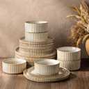GBHOME 18-Piece Stoneware Dinnerware Set for 6 – Ribbed Ceramic Plates and Bowls, Scratch-Resistant, Microwave & Dishwasher Safe, Reactive Glaze, Cappuccino
