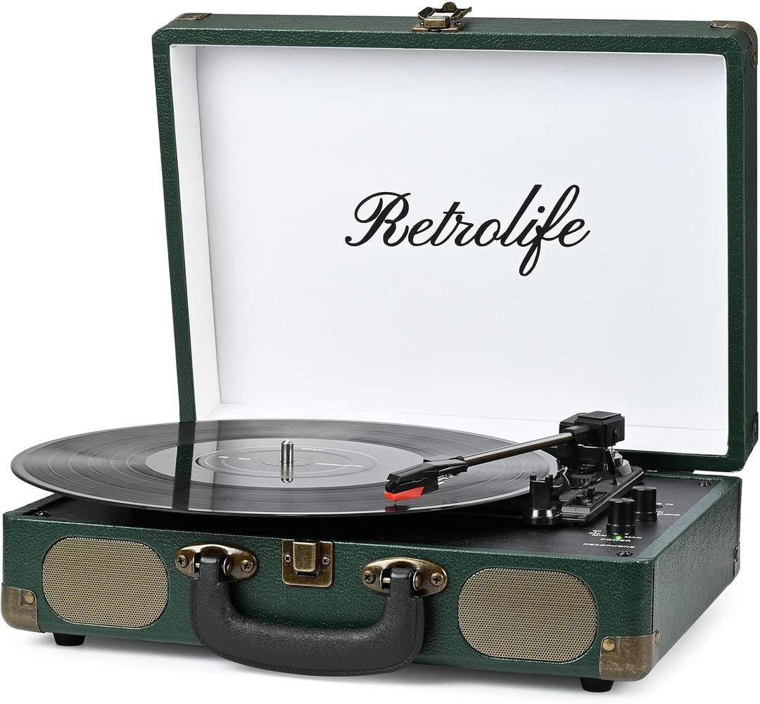 Vinyl Record Player 3-Speed Bluetooth Suitcase Portable Belt-Driven Record Player with Built-in Speakers RCA Line Out AUX in Headphone Jack Vintage Turntable Dark Green